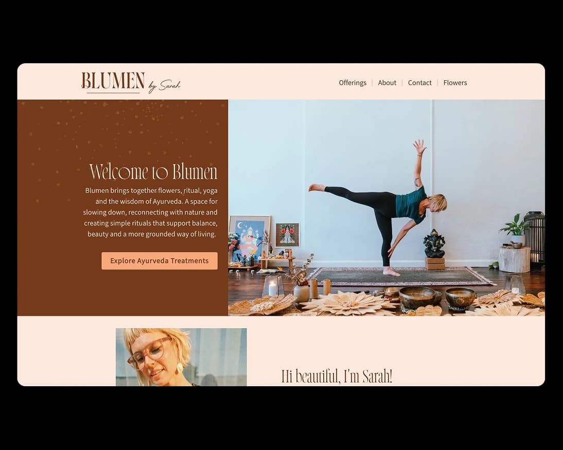 Blumen by Sarah website homepage, a flowers, ritual and Ayurveda yoga studio site
