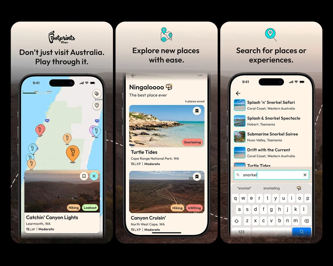 Footprints Maps App Store screenshots showing the map, place details, and search screens
