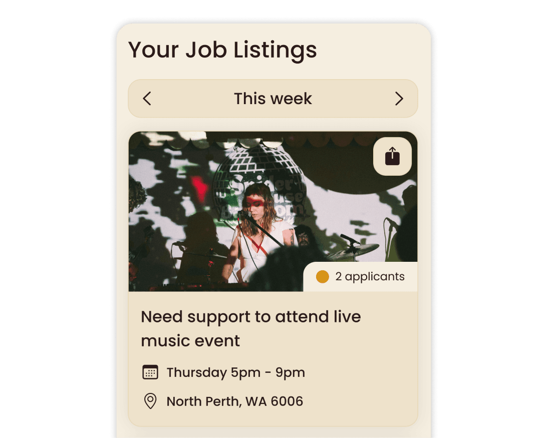 "Your Job Listings" mobile card showing a live music event gig with 2 applicants