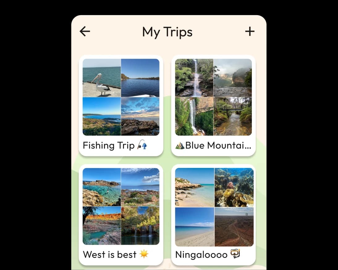 Travel app "My Trips" screen showing saved trip photo grids: Fishing Trip, Blue Mountains, West is best, Ningaloo