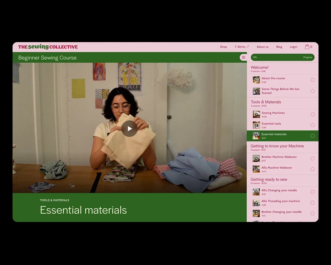 The Sewing Collective online course player showing the "Essential materials" lesson and course curriculum sidebar