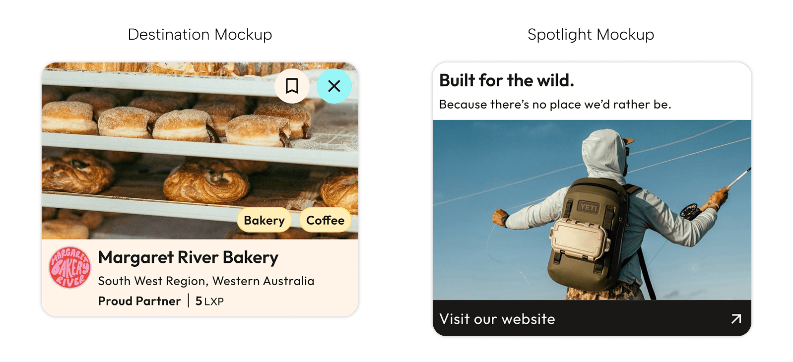 A Destination card mockup for a bakery and a Spotlight native ad mockup for an outdoor brand
