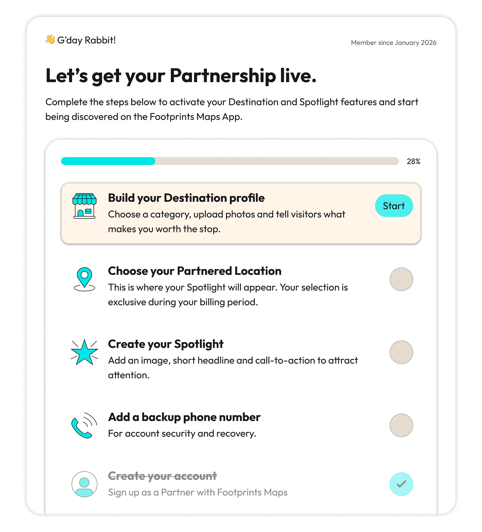 Setup checklist for a new partner showing onboarding steps and progress