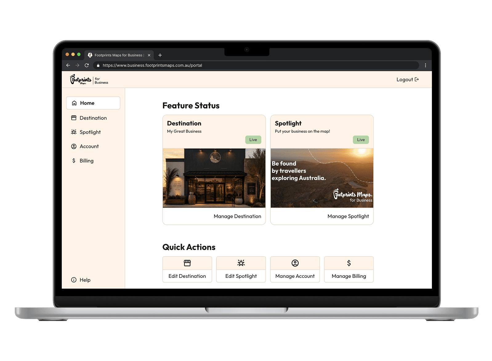 Portal home screen showing Destination and Spotlight feature status cards and quick actions
