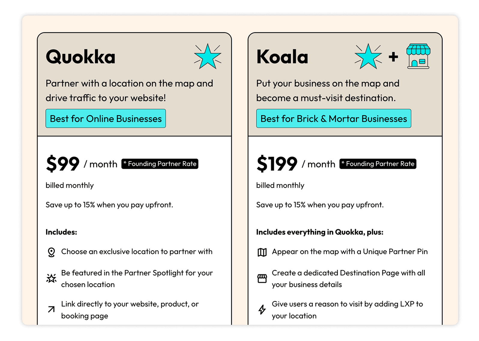 Quokka and Koala pricing cards showing monthly price, founding partner rate and what each plan includes