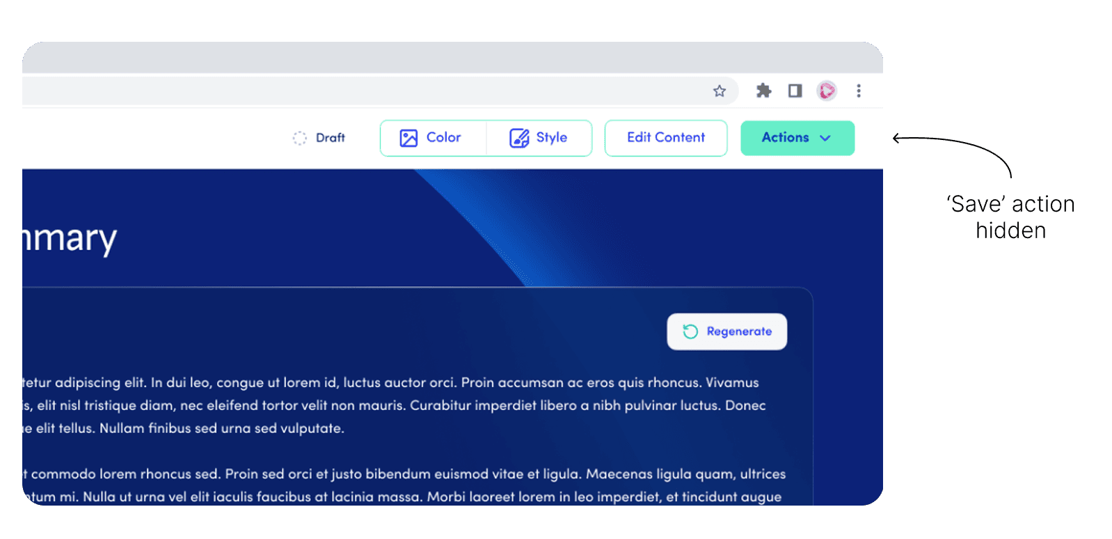 Report builder screen with the Save action hidden in the toolbar, annotated to show the issue
