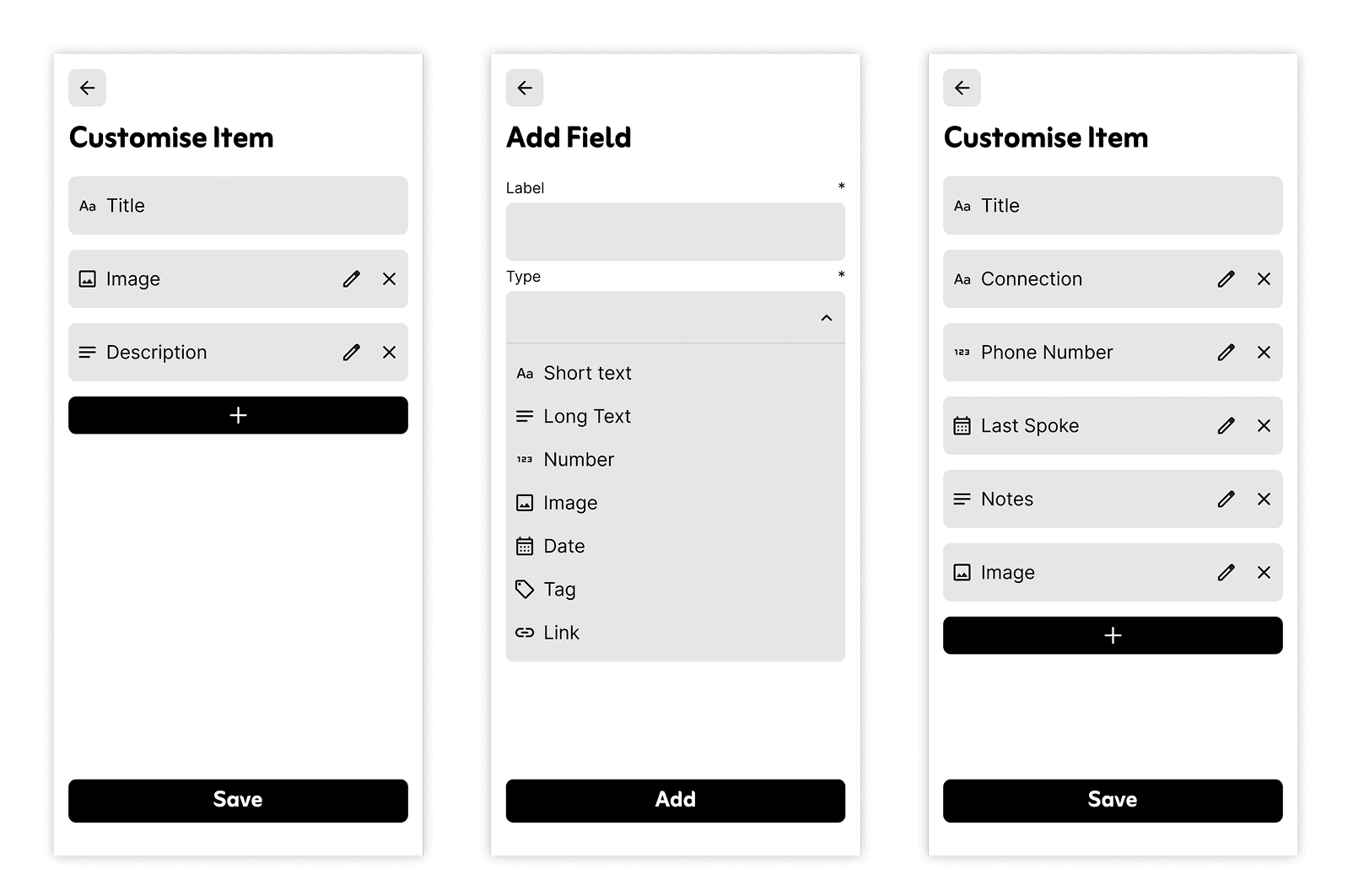 Customise Item and Add Field screens for building custom data fields