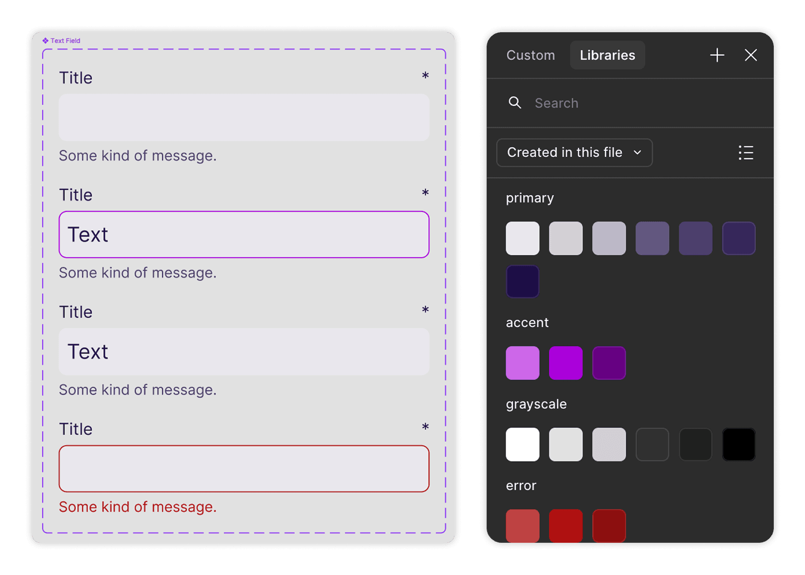 Example component and colour variants in the design system library
