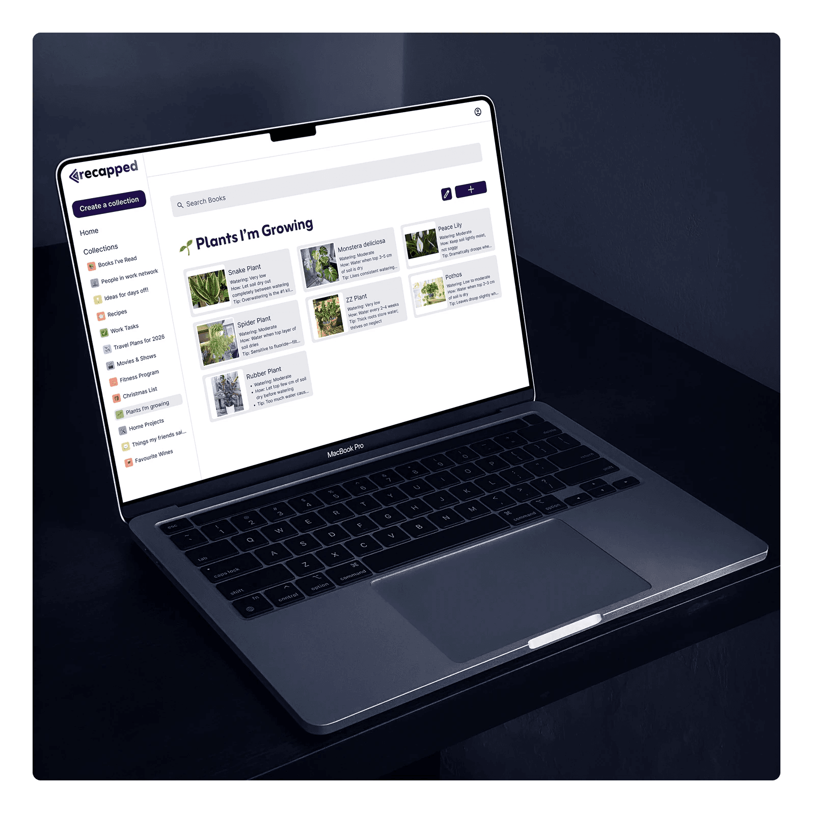 Recapped plants collection example on a laptop