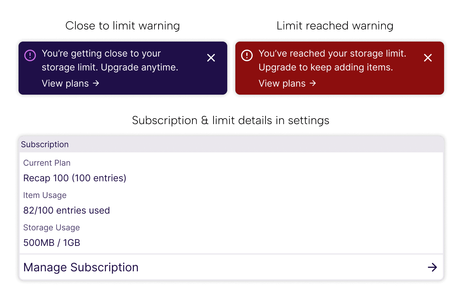 Close-to-limit and limit-reached storage warnings, and the subscription details panel